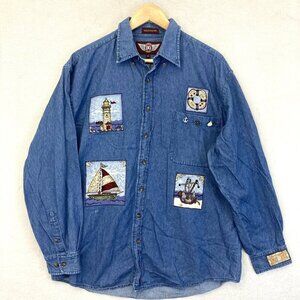Vintage Denim Gear Shirt Mens Medium Nautical Lighthouse Sailboat Anchor Coastal